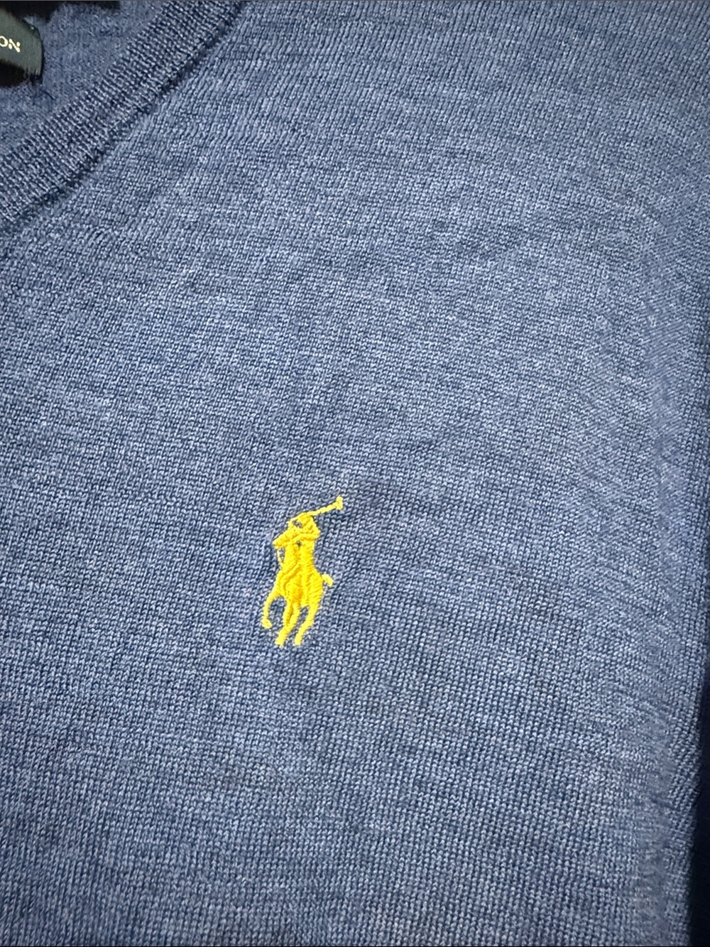 Polo by Ralph Lauren Men's V-Neck Sweater in Blue with Yellow Pony - Picture 4 of 7